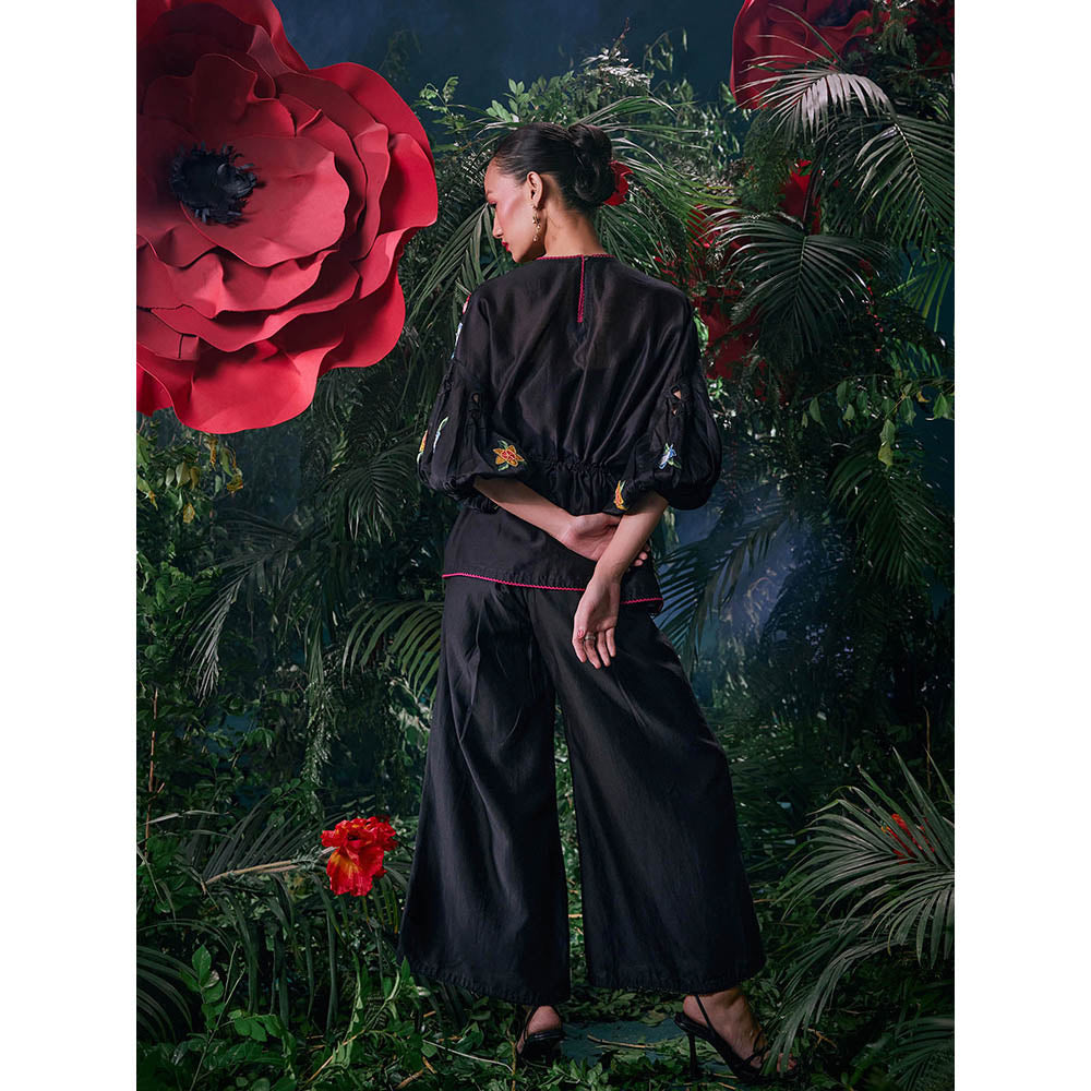 CHANDRIMA Black Chanderi Floral Bead Work Pant