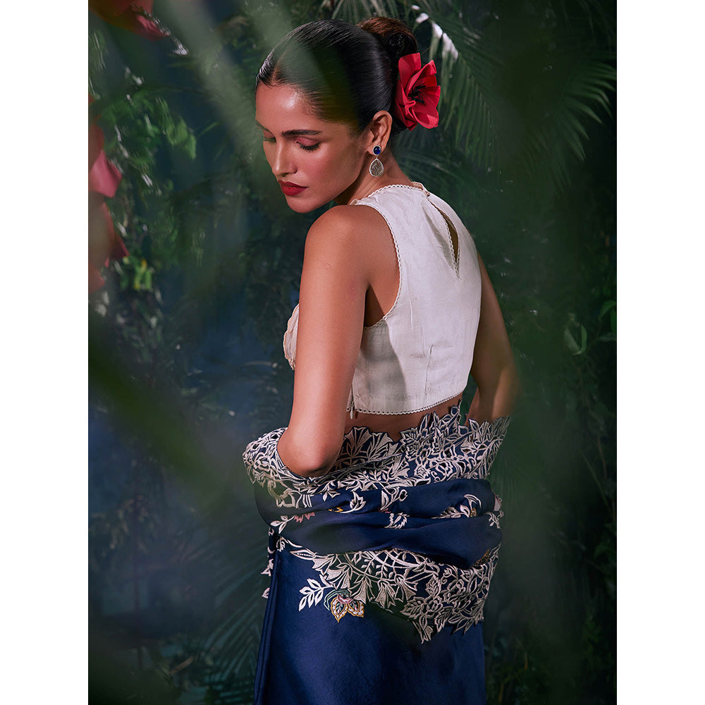 CHANDRIMA Ivory Chanderi Floral Sleeveless Crew Neck Bead Work Blouse