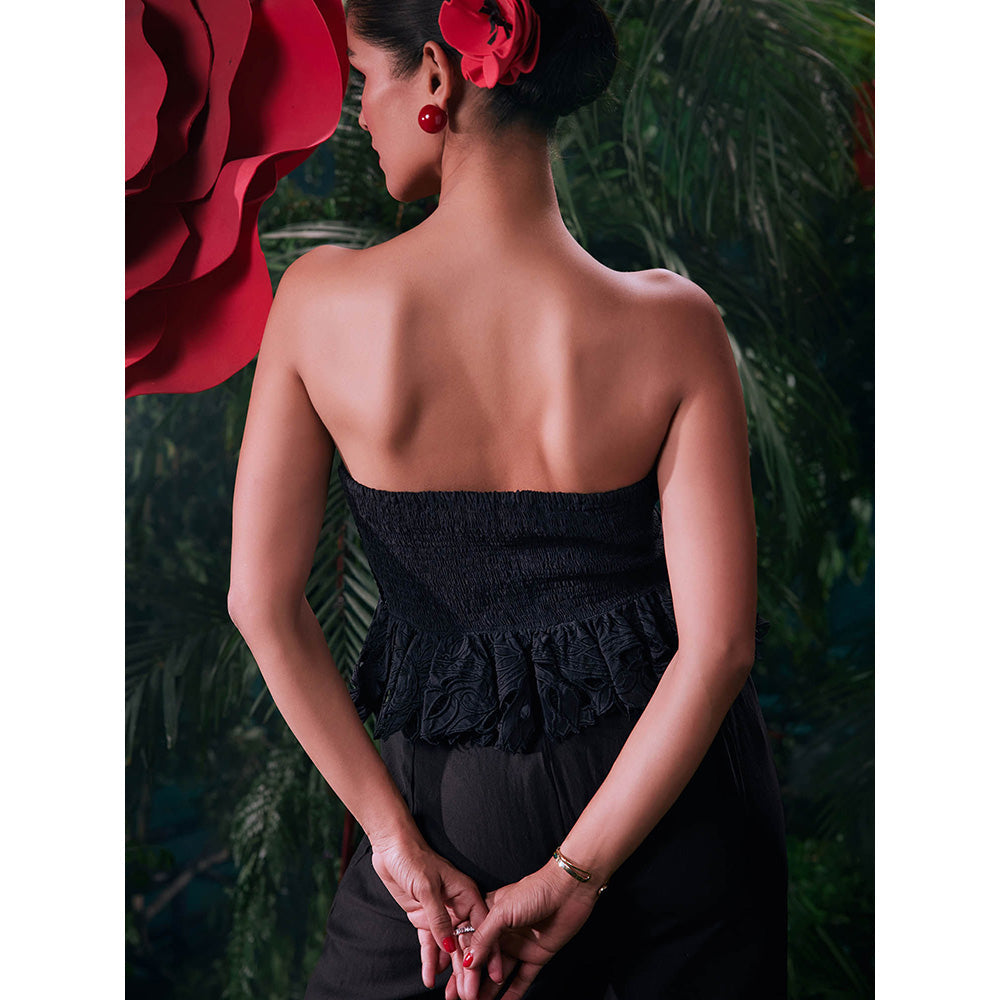 CHANDRIMA Black Chanderi Pleated Sleeveless Strapless/Tube Embroidered Top
