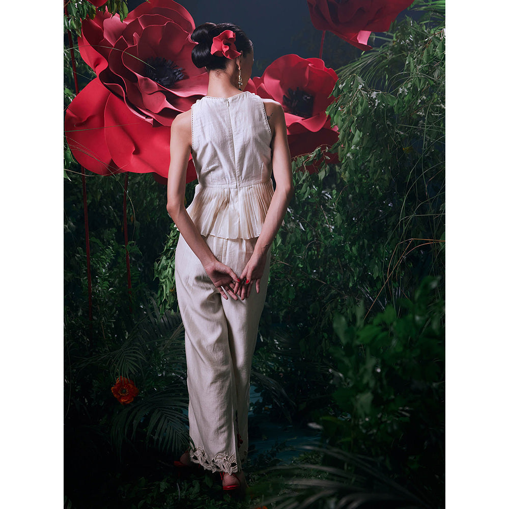 CHANDRIMA Ivory Chanderi Floral Sleeveless Crew Neck Top