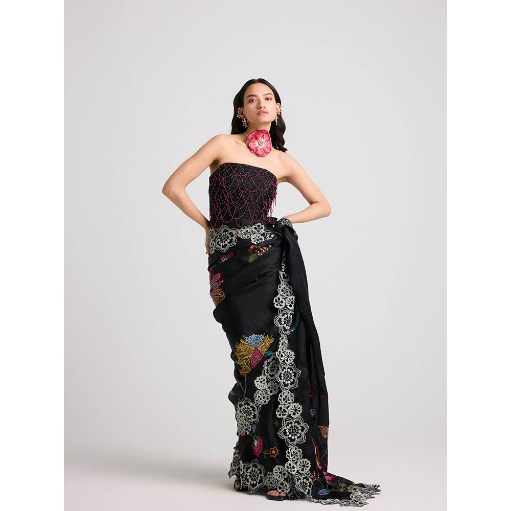 CHANDRIMA Black Embroidered Cutwork Saree with Unstitched Blouse