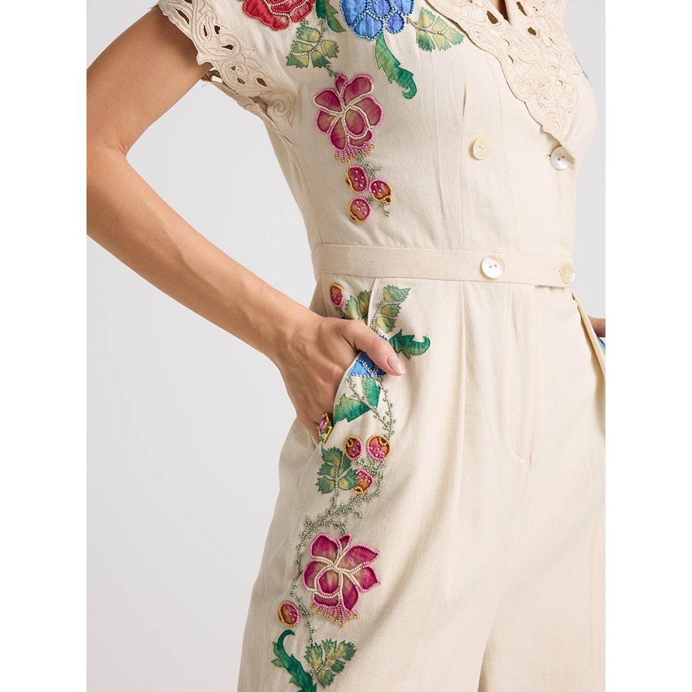CHANDRIMA Ivory Floral Applique and Beadwork Jumpsuit
