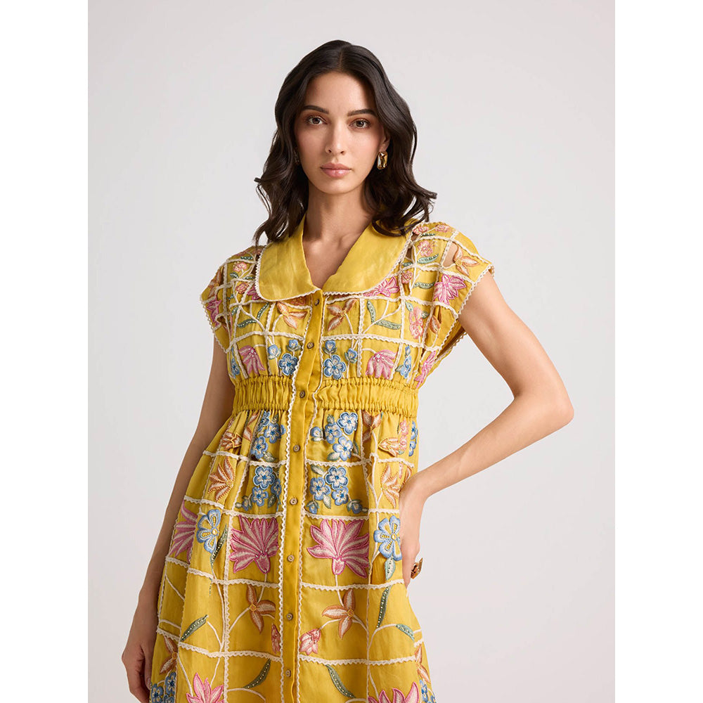 CHANDRIMA Yellow Checkered Shirt Dress