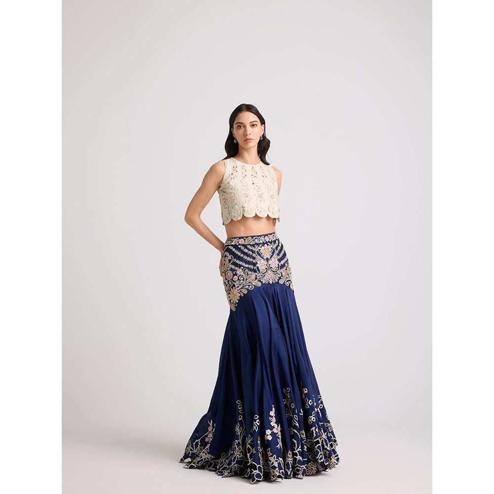 CHANDRIMA Navy Blue Contrast Cordwork Yoke Detail Skirt