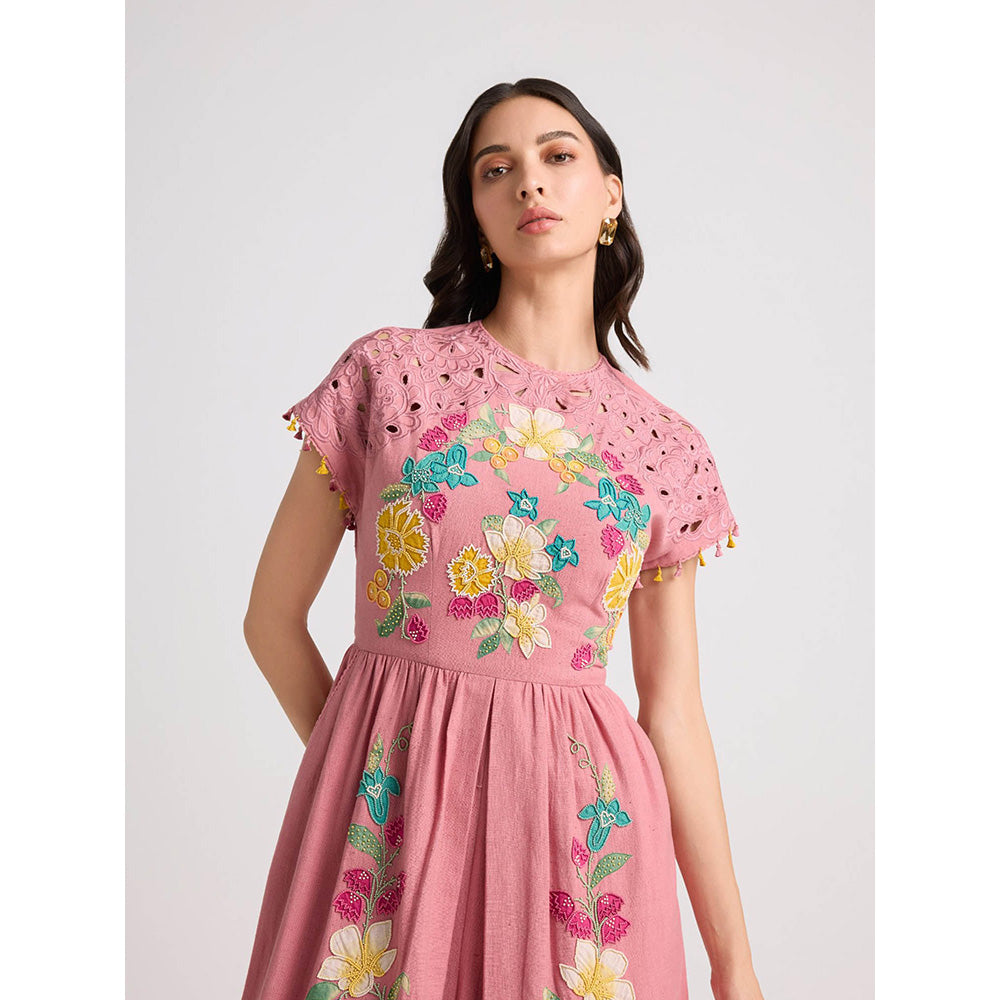 CHANDRIMA Blush Floral Applique and Cutwork Midi Dress