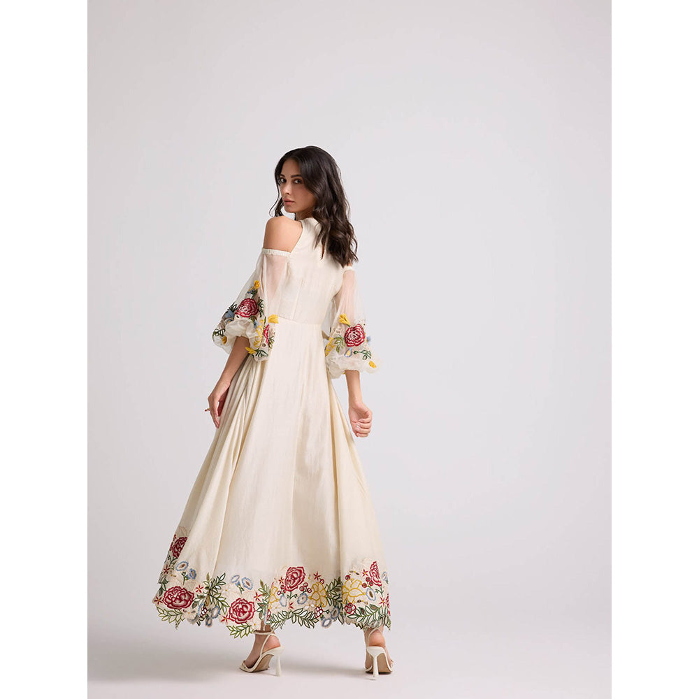 CHANDRIMA Ivory 3D Floral Applique and Threadwork Dress