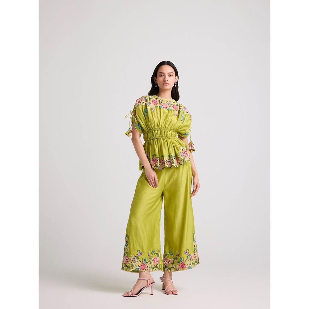 CHANDRIMA Lime Green Floral Cutwork Ruched Top