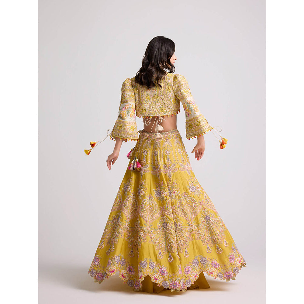 CHANDRIMA Yellow Contrast Cordwork and Beadwork Bolero Jacket