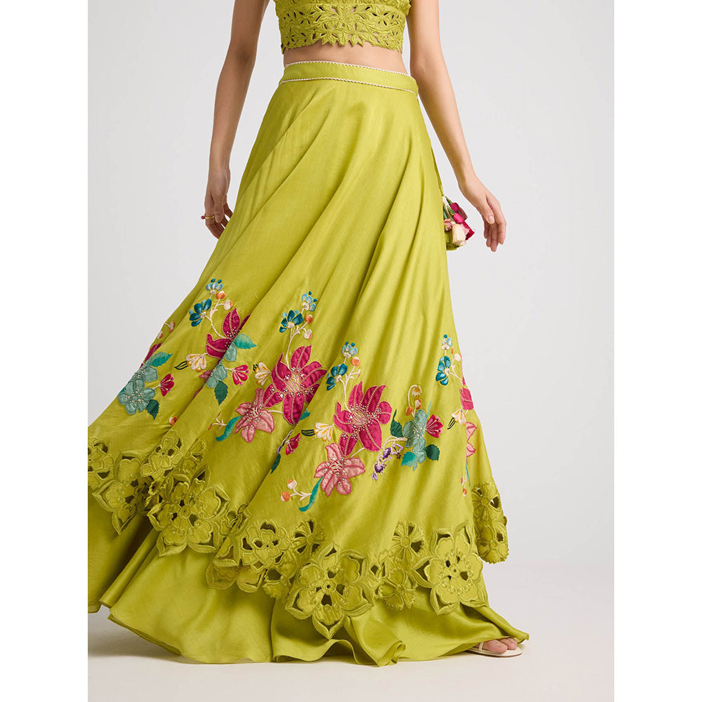 CHANDRIMA Lime Green Floral Applique Layered Skirt