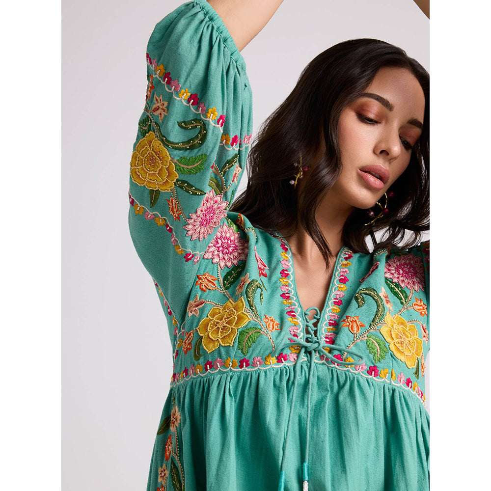 CHANDRIMA Aqua Blue Embroidered Gathered Dress