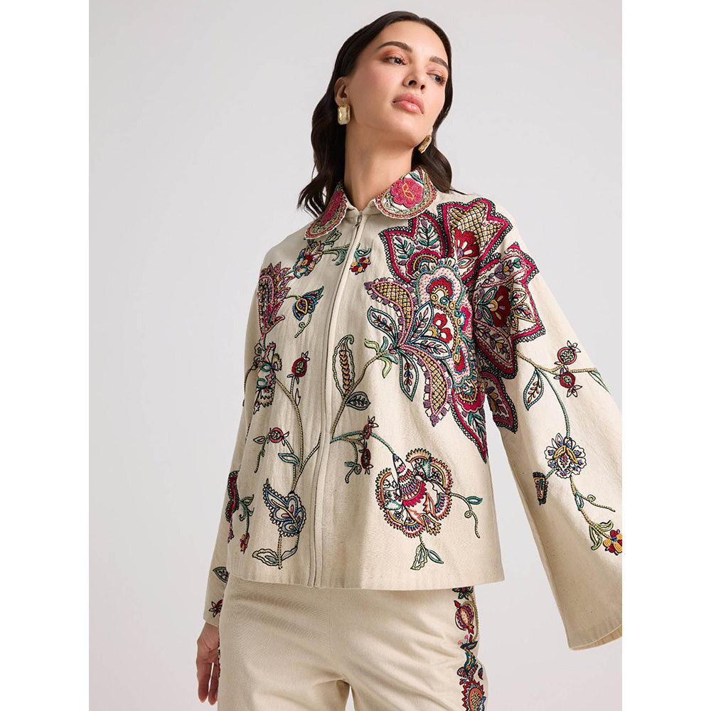 CHANDRIMA Ivory Contrast Floral Cordwork Short Jacket