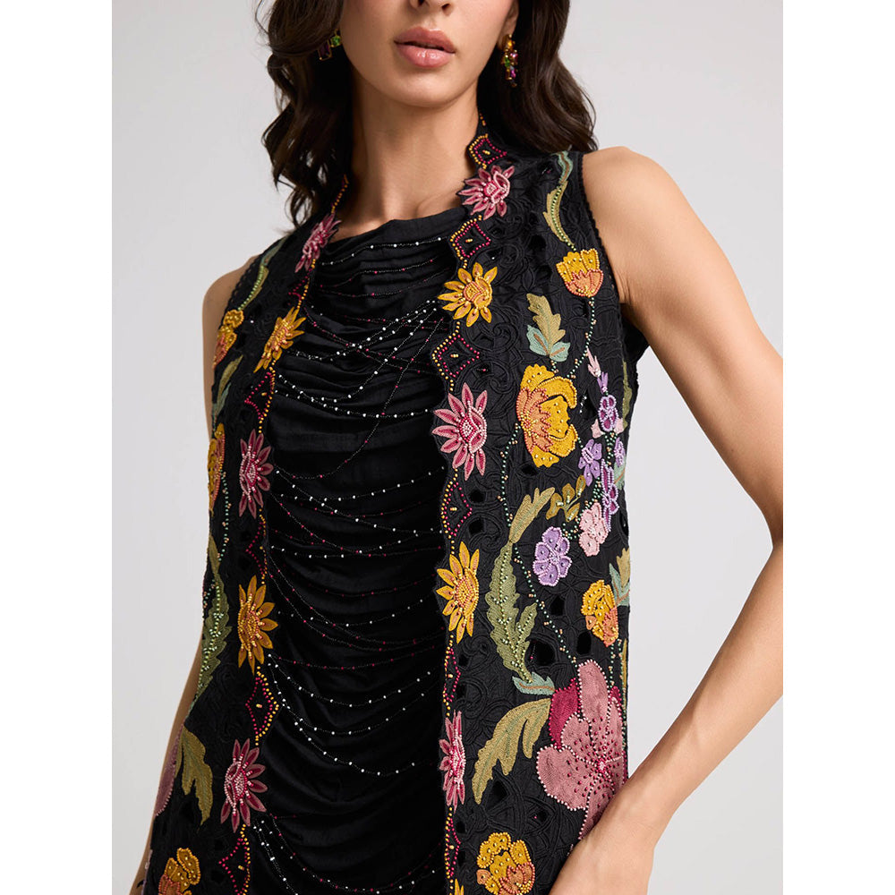 CHANDRIMA Black Floral Threadwork and Beadwork Long Jacket