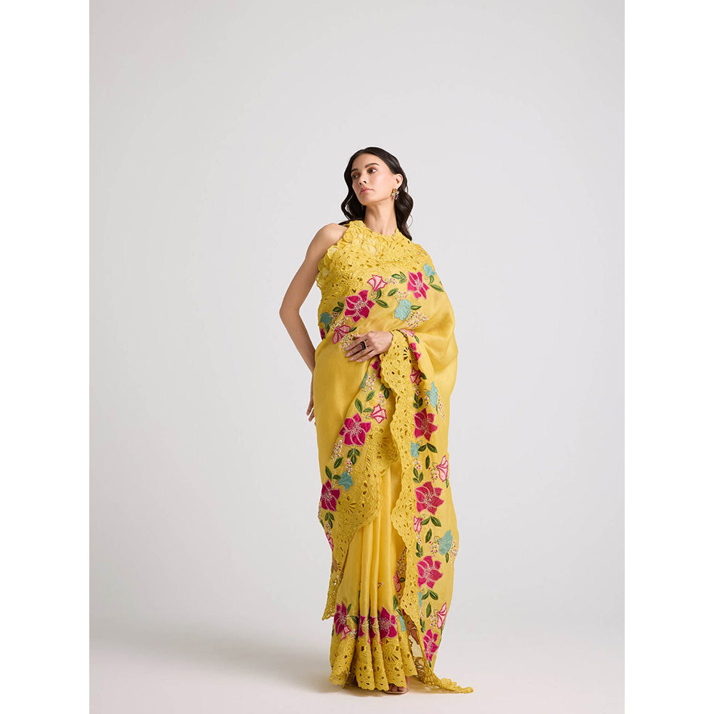 CHANDRIMA Yellow Shaded Dahlia 3D Applique Crop Top