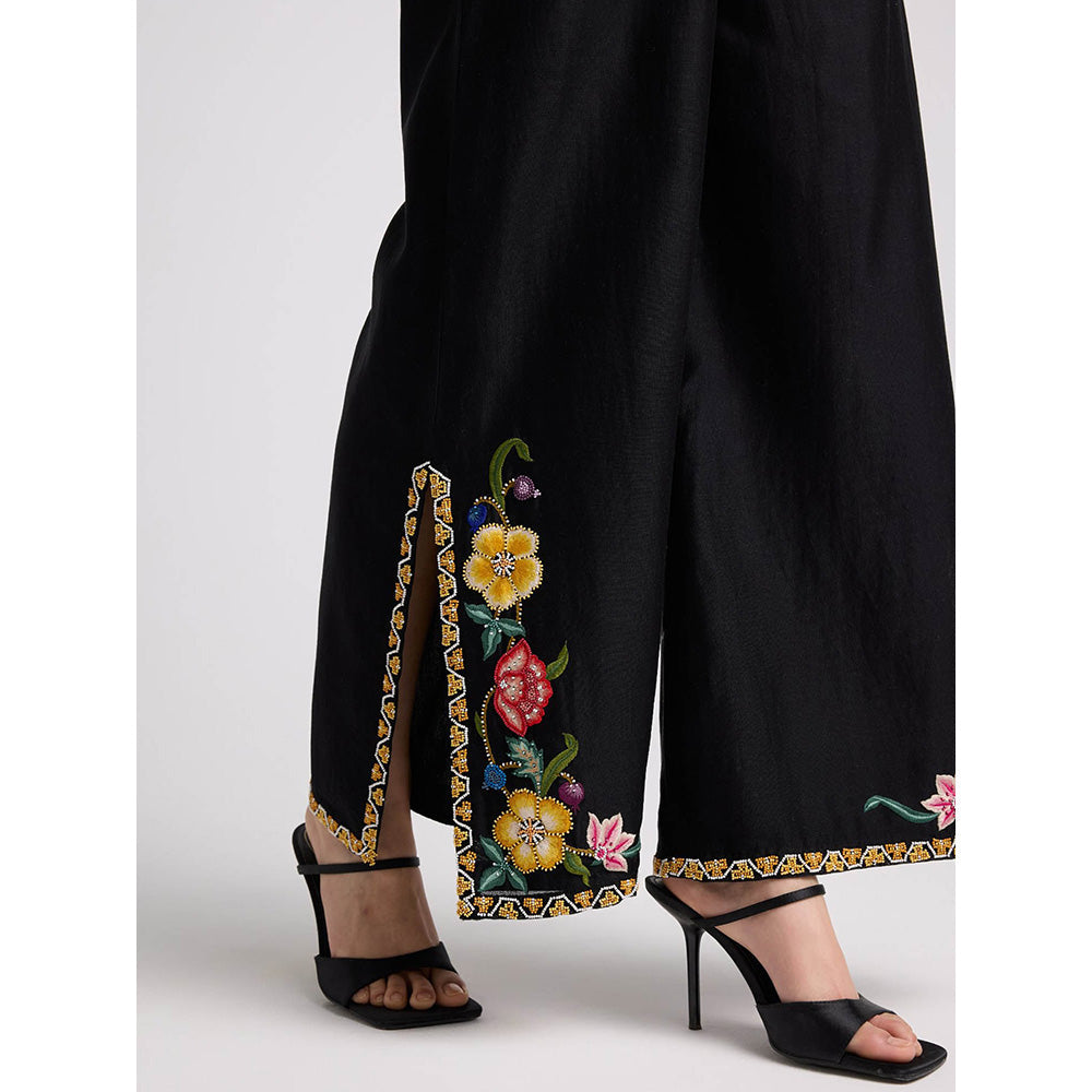 CHANDRIMA Black Floral Embroidered Flared Pants