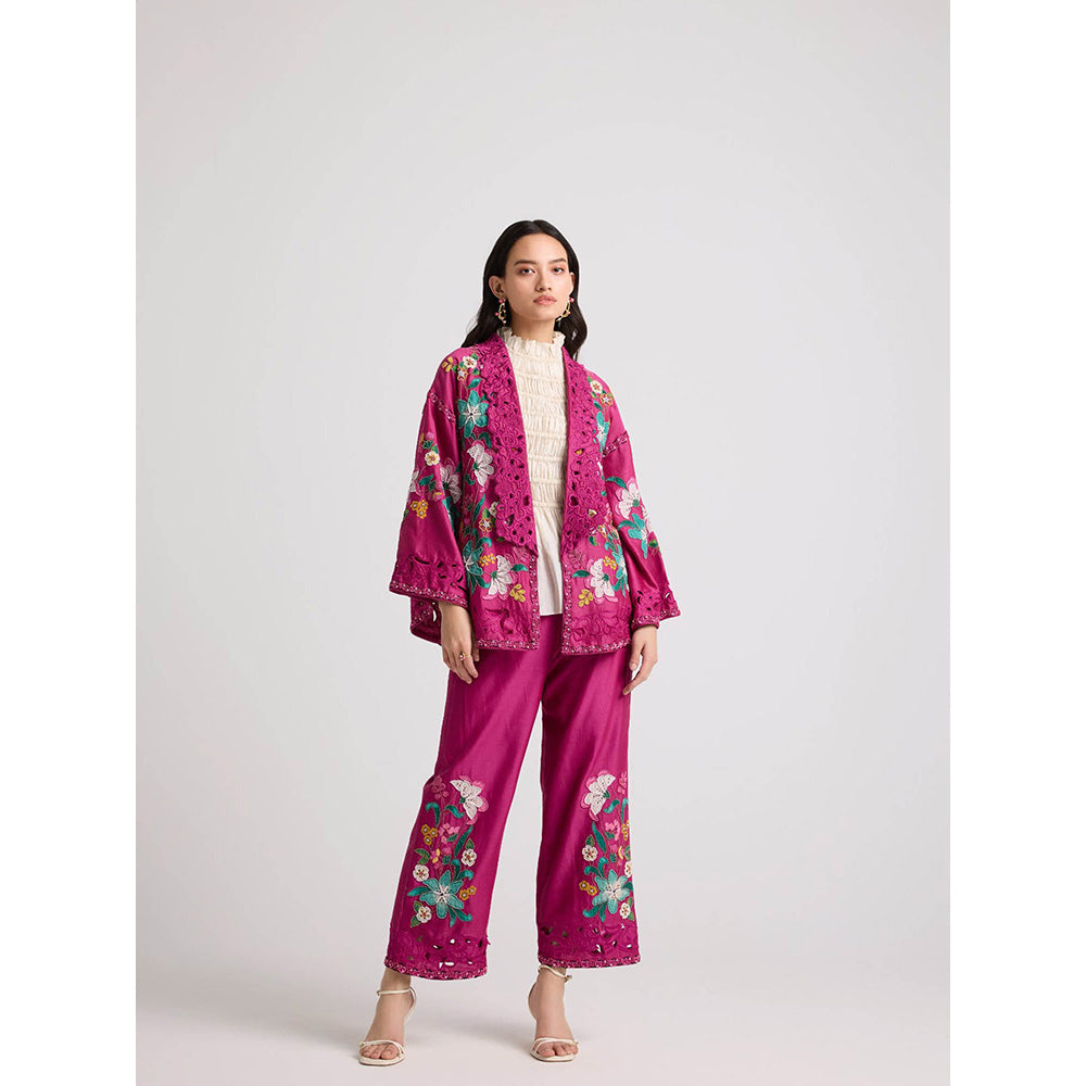 CHANDRIMA Fuchsia Pink Applique and Beadwork Pants