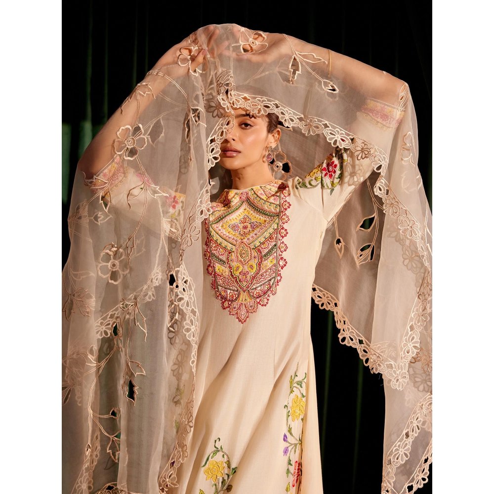 CHANDRIMA Pink Floral Cutwork Dupatta