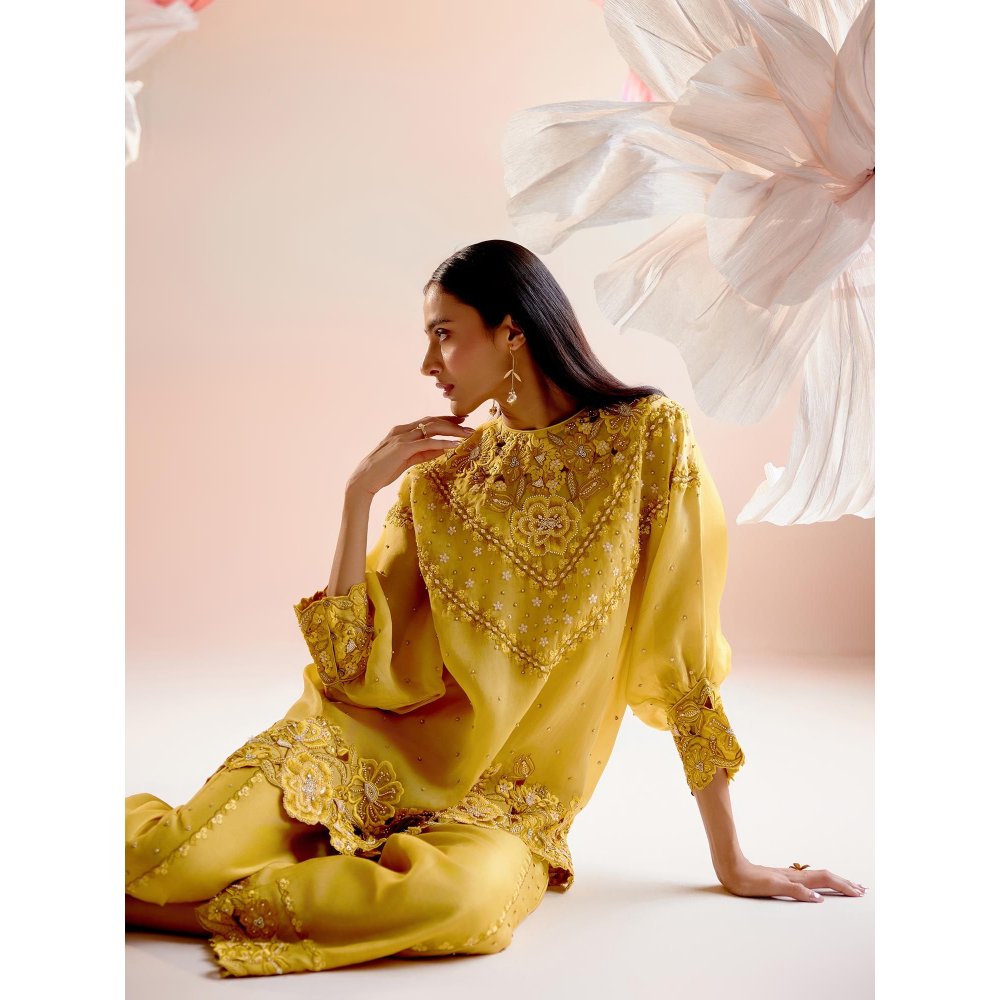 CHANDRIMA Yellow Tonal Cutwork Kimono Co-Ord (Set of 2)