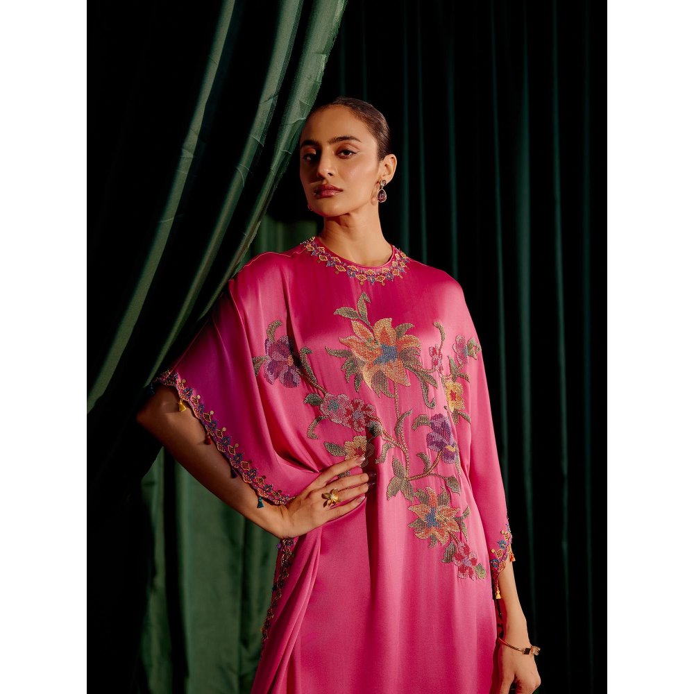 CHANDRIMA Fuchsia Floral Beadwork Kaftan with Embroidered Slit Detail Pant (Set of 2)