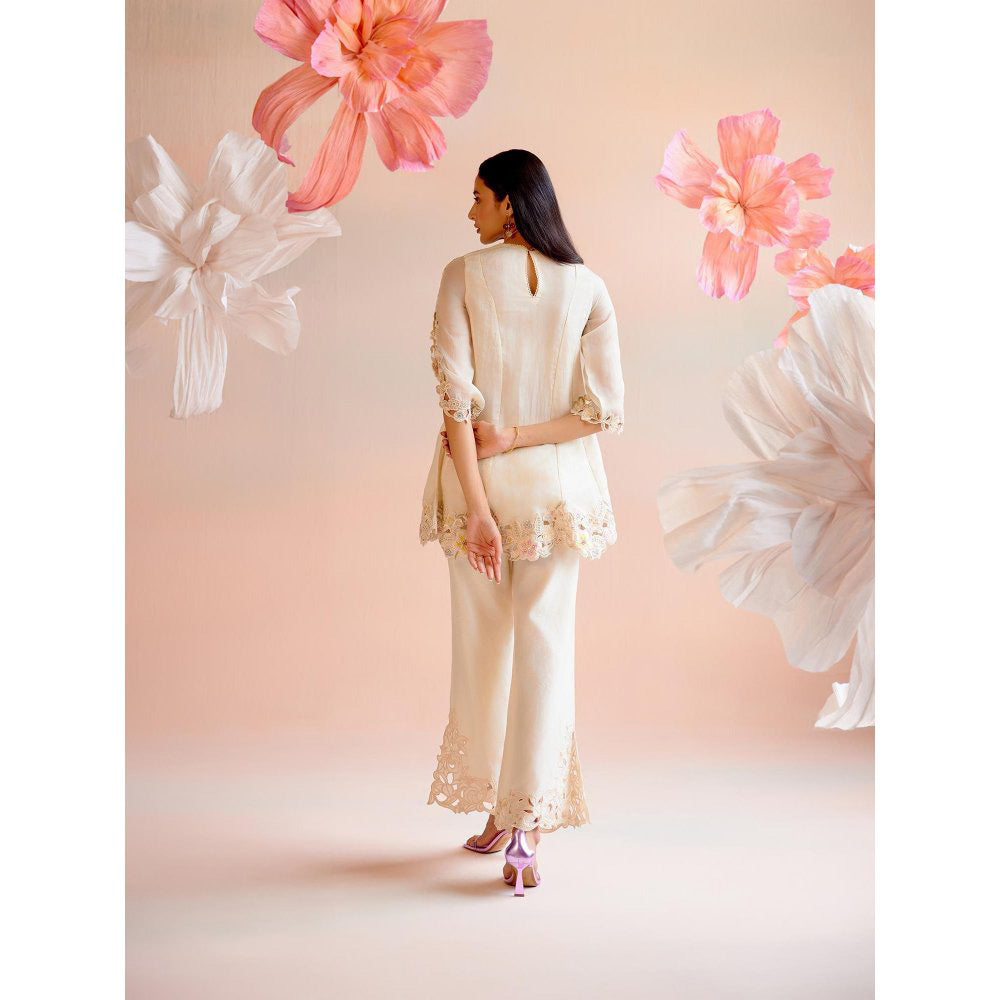 CHANDRIMA Ivory Cutwork and Beadwork Flared Short Kurti with Pant (Set of 2)