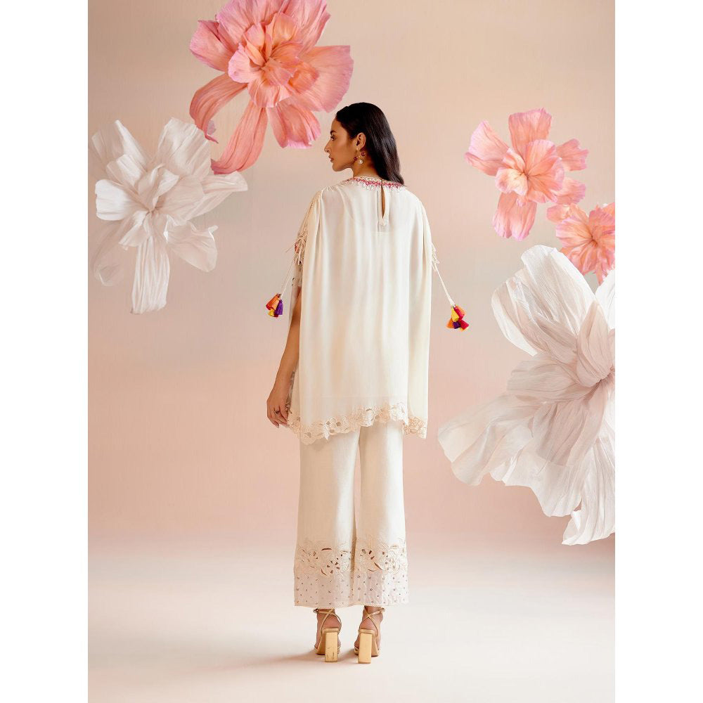 CHANDRIMA Ivory Floral Embroidered Kaftan with Organza Detail Pant (Set of 2)