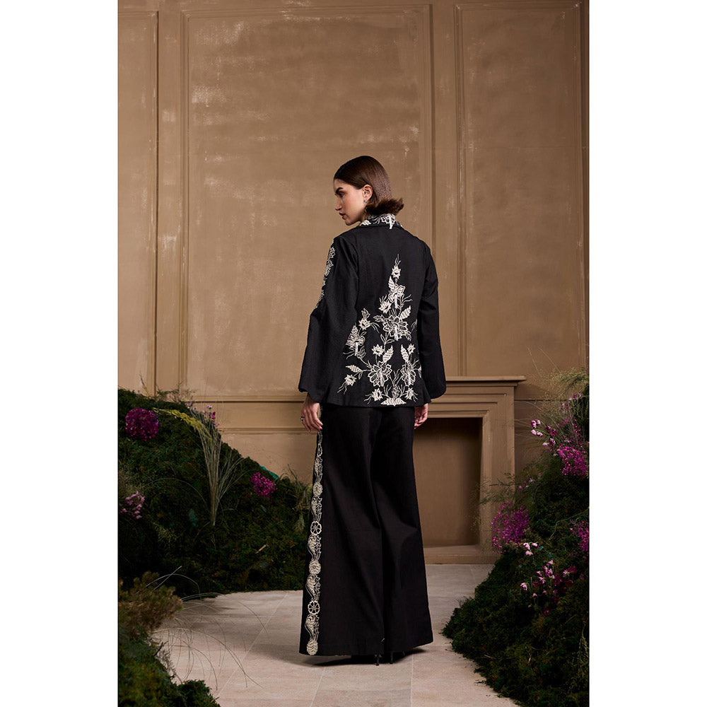 CHANDRIMA Black Contrast Embroidered Flared Pant