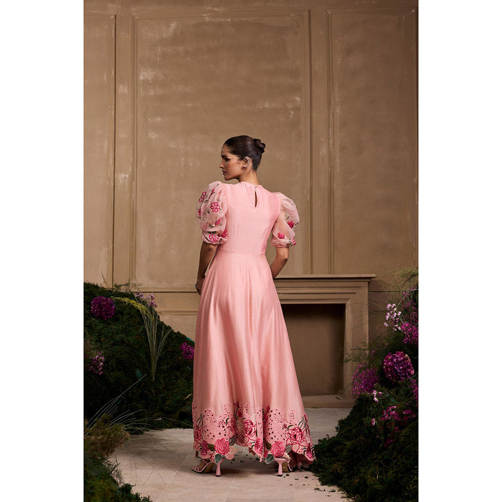 CHANDRIMA Rose Pink Embroidered Flounce Dress