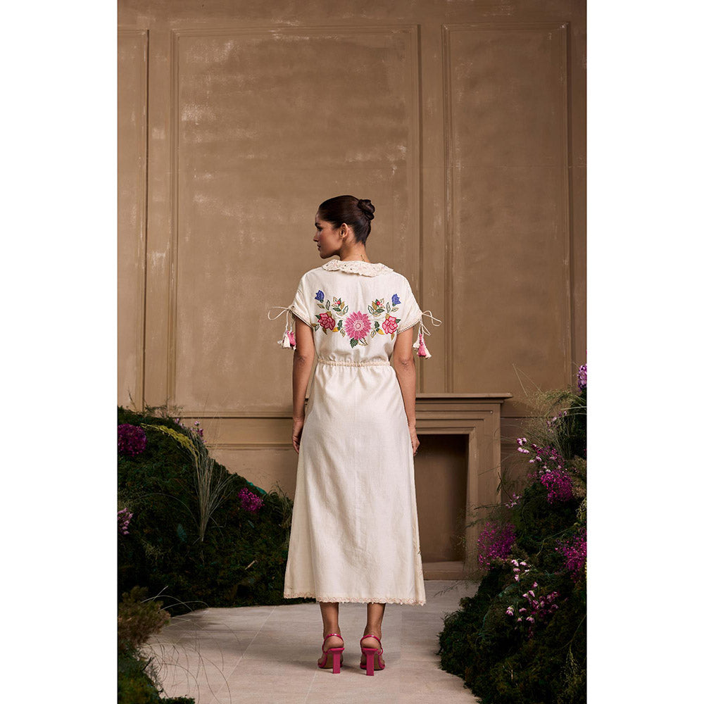 CHANDRIMA Ivory Applique and Threadwork Floral Shirt Style Dress
