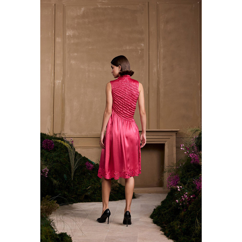 CHANDRIMA Fuchsia Ruched Cutwork Embroidered Dress