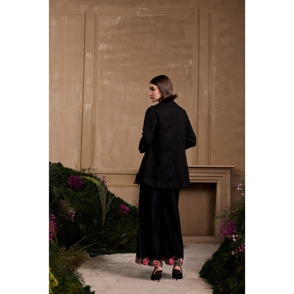CHANDRIMA Black Rose Flared Embroidered Blazer