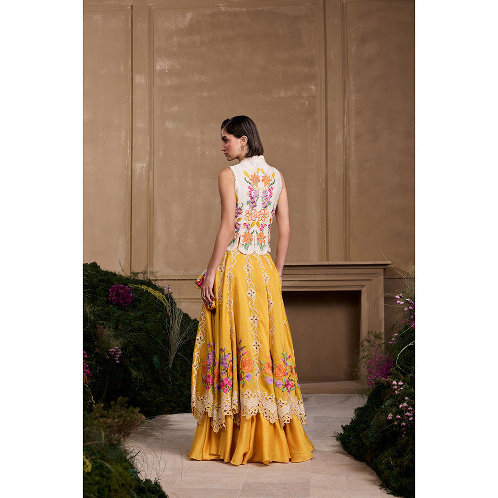 CHANDRIMA Ivory Floral Embroidered Panelled Waistcoat