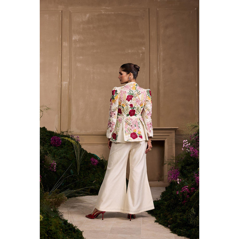 CHANDRIMA Ivory Floral Foliage Pleated Peplum Jacket