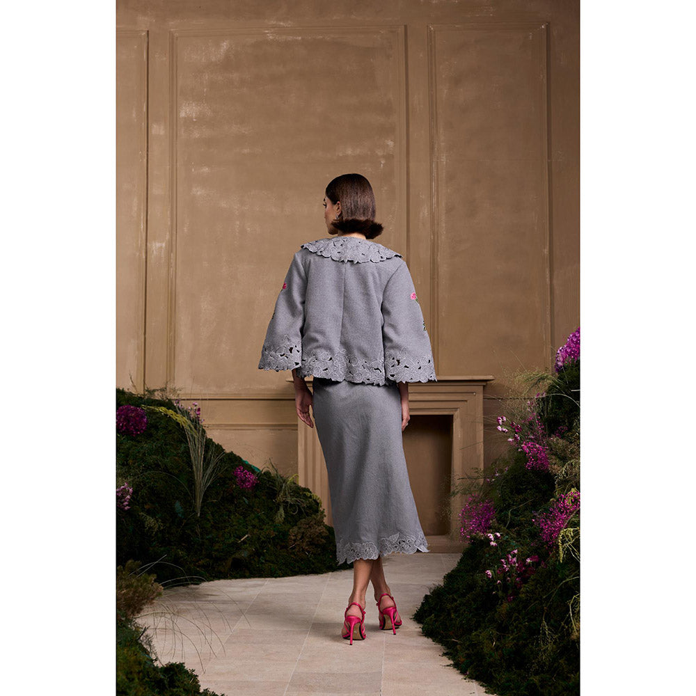 CHANDRIMA Grey Twill Cutwork Embroidered Midi Skirt