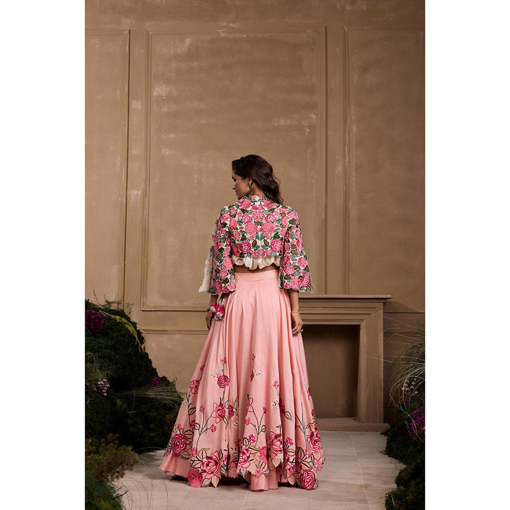 CHANDRIMA Rose Pink Cutwork Layered Embroidered Top with Lehenga and Jacket (Set of 3)