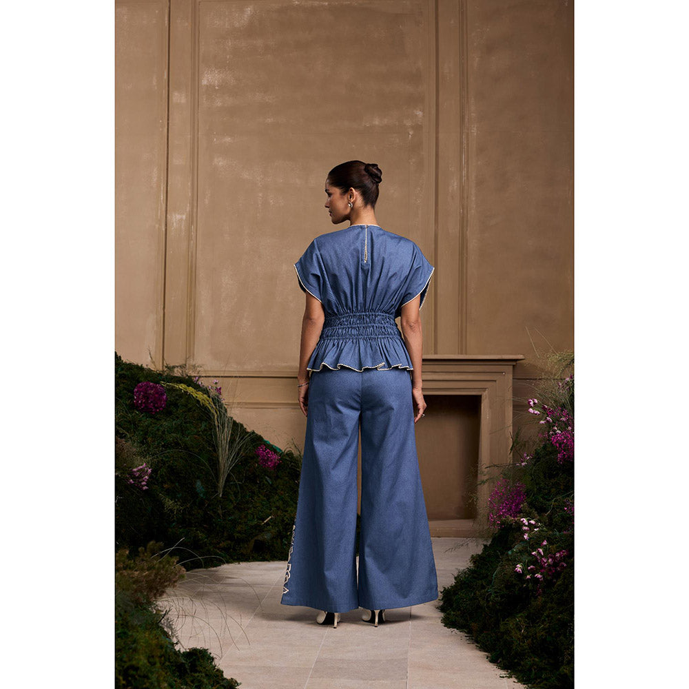 CHANDRIMA Blue Contrast Cutwork Pleated Top