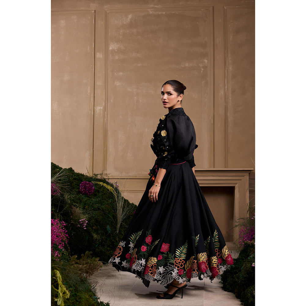 CHANDRIMA Black 3D Floral Kimono Embroidered Shirt