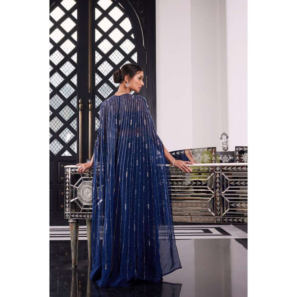 CHARU AND VASUNDHARA Esme Electric Blue Sharara with Cape & Bralette (Set of 3)