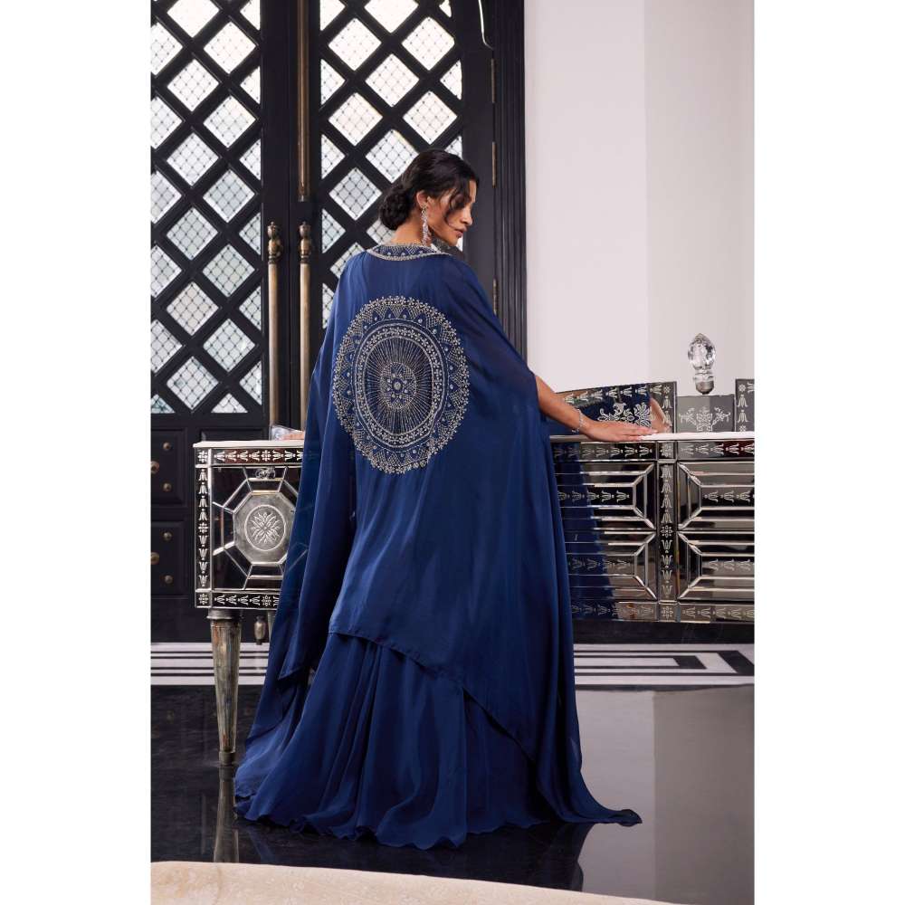 CHARU AND VASUNDHARA Erin Electric Blue Ethnic Skirt with Bralette & Cape (Set of 3)