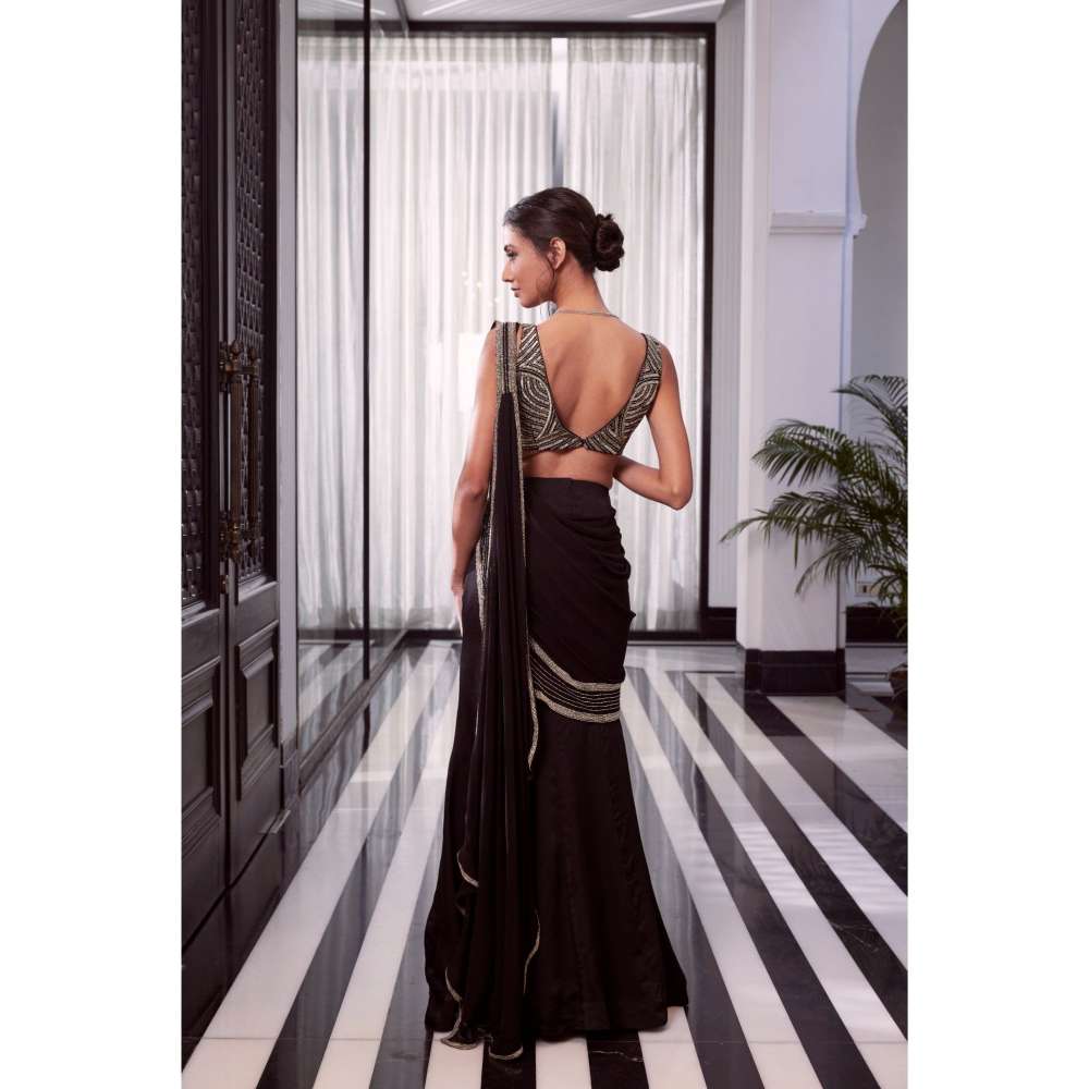 CHARU AND VASUNDHARA Elara Black Embellished Pre-Draped Saree with Stitched Blouse