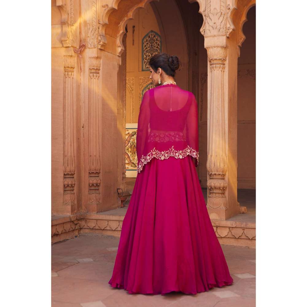 CHARU AND VASUNDHARA Raspberry Lehenga with Blouse & Dupatta (Set of 3)