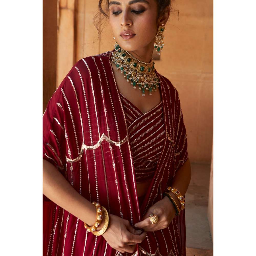 CHARU AND VASUNDHARA Oxblood Lehenga with Blouse & Cape (Set of 3)