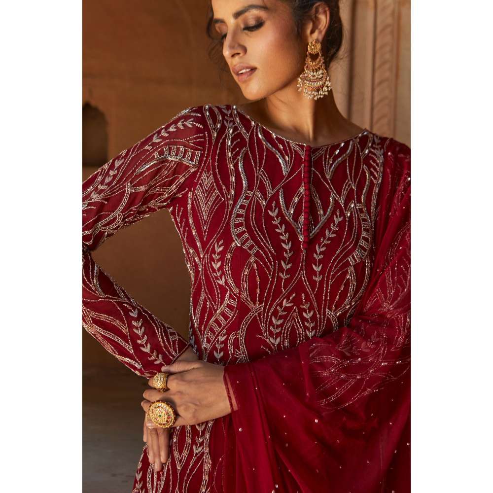 CHARU AND VASUNDHARA Oxblood Kurti & Sharara with Dupatta (Set of 3)