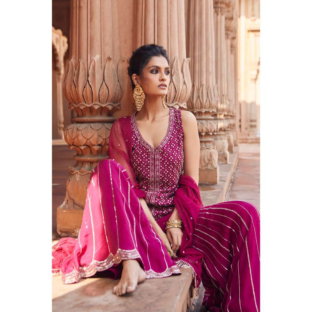 CHARU AND VASUNDHARA Raspberry Kurti with Sharara & Dupatta (Set of 3)