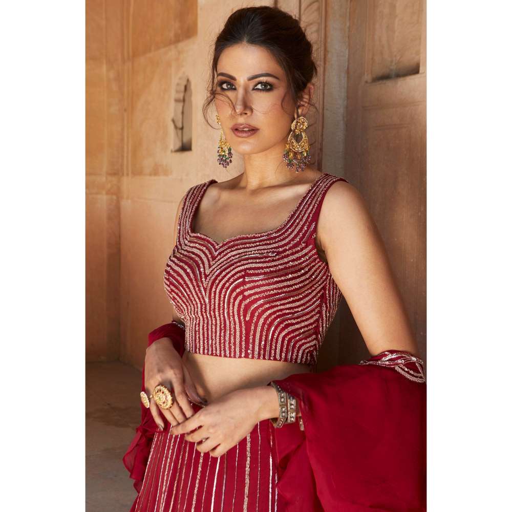 CHARU AND VASUNDHARA Oxblood Fusion Skirt with Blouse & Dupatta (Set of 3)