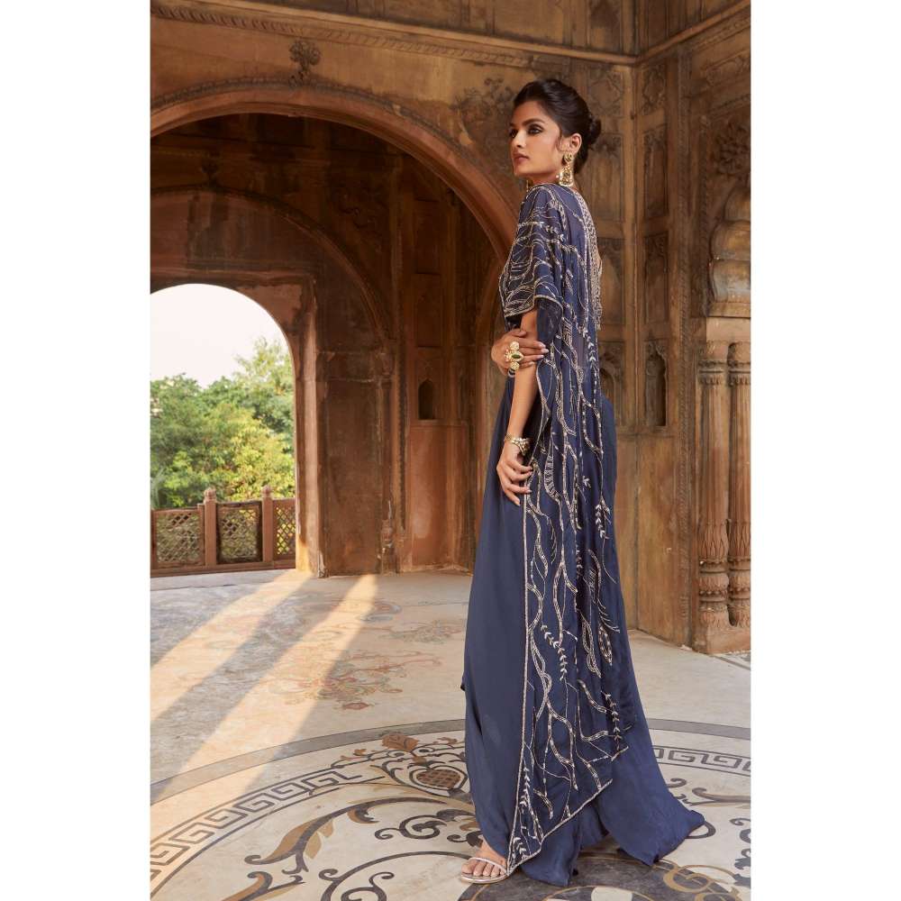 CHARU AND VASUNDHARA Navy Blue Skirt with Attached Pallu & Blouse (Set of 2)