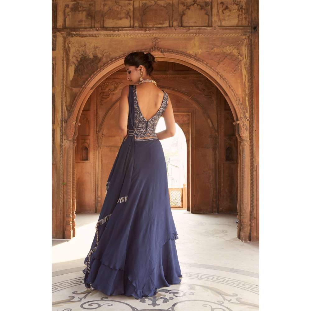 CHARU AND VASUNDHARA Navy Blue Skirt with Blouse, Belt & Dupatta (Set of 4)