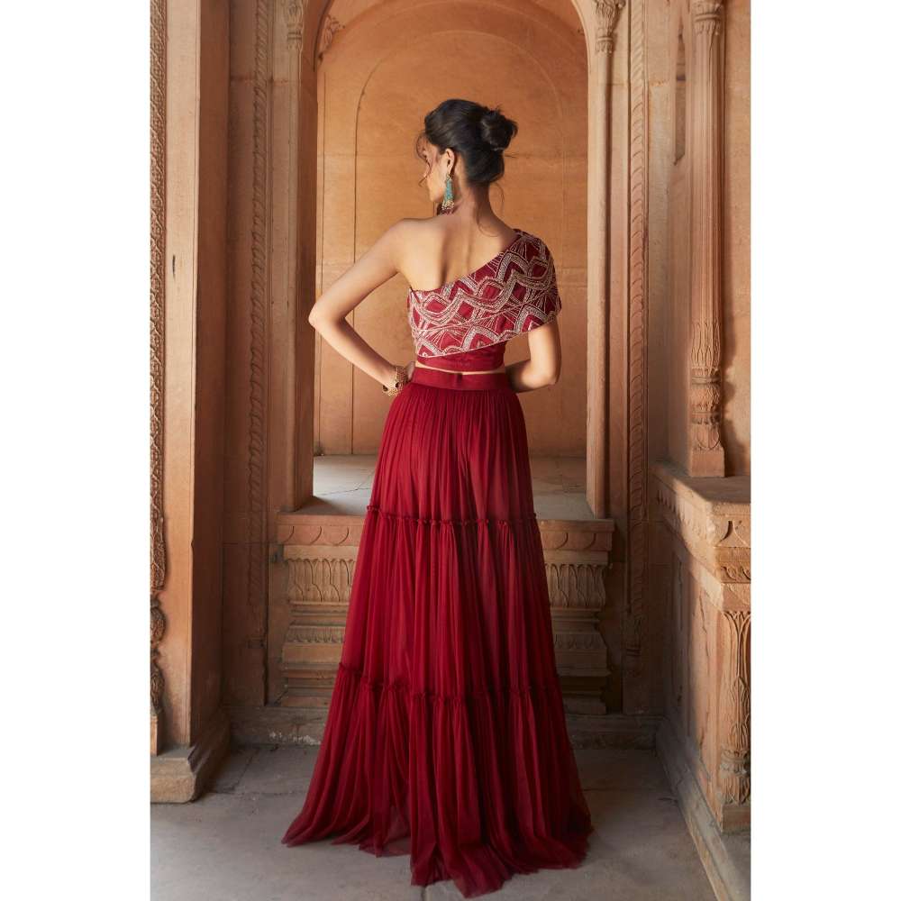 CHARU AND VASUNDHARA Oxblood Ethnic Skirt & Blouse (Set of 2)