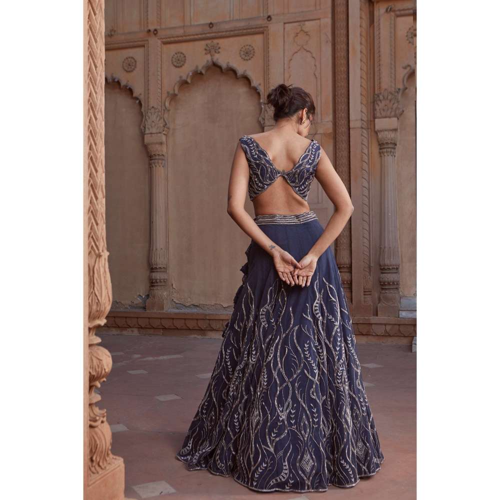 CHARU AND VASUNDHARA Navy Blue Fusion Skirt with Blouse & Dupatta (Set of 3)