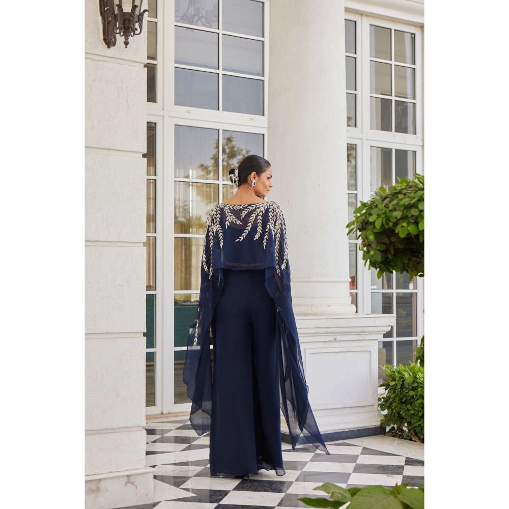 CHARU AND VASUNDHARA Safwana Navy Blue Palazzo with Bustier & Poncho (Set of 3)
