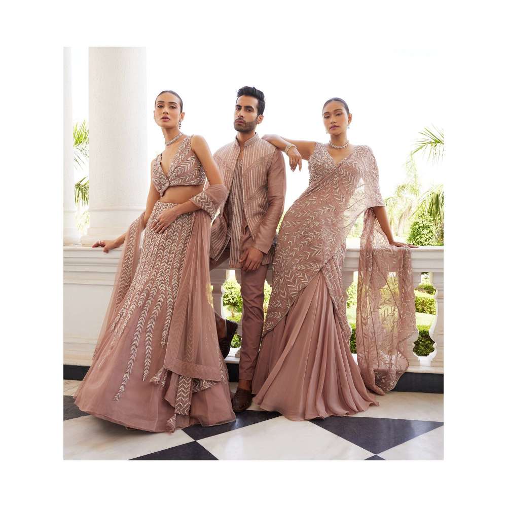 CHARU AND VASUNDHARA Sithara Salmon Pink Embellished Lehenga Saree with Stitched Blouse