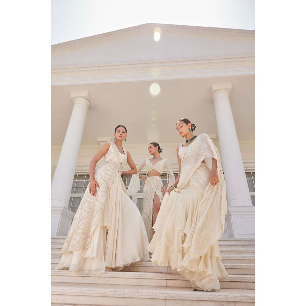 CHARU AND VASUNDHARA Saia Ivory Ethnic Blouse with Skirt (Set of 2)